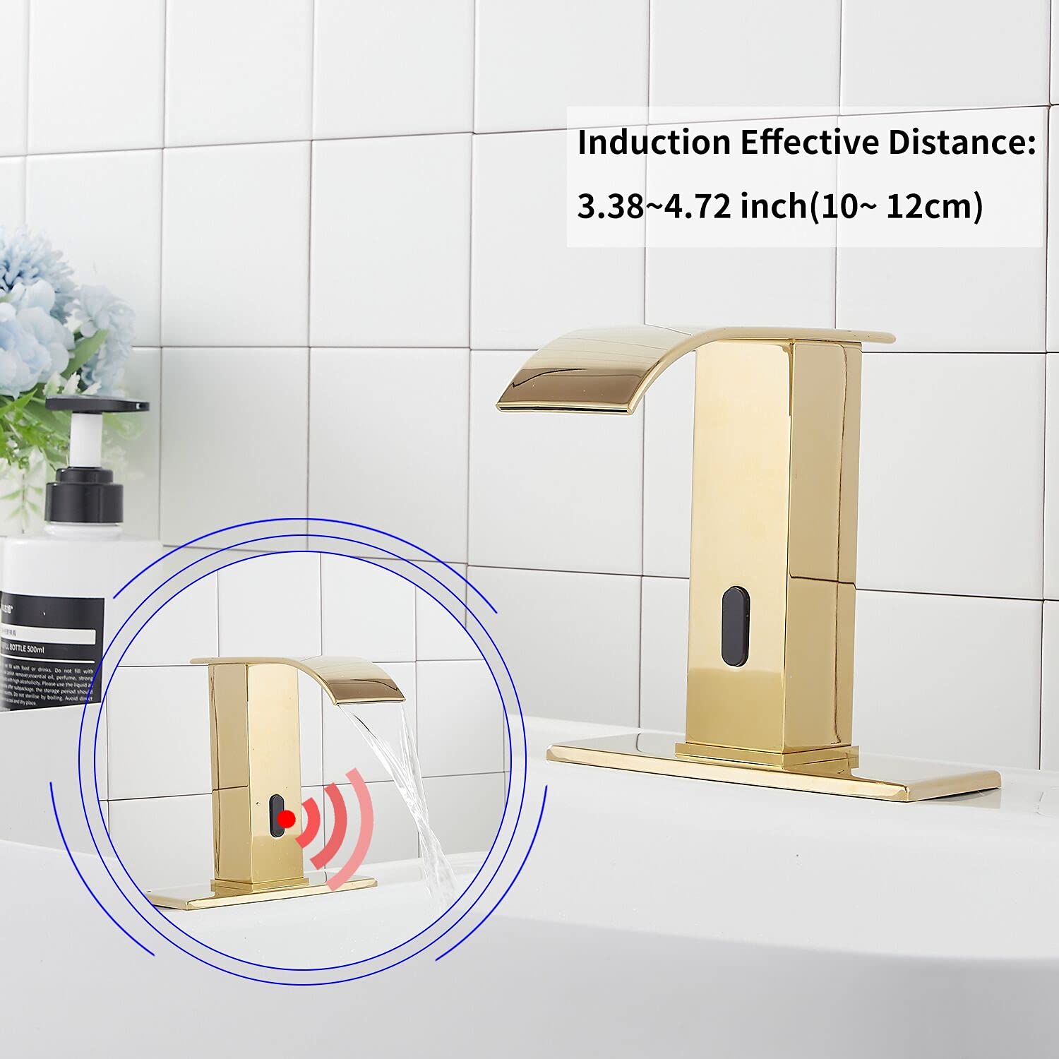 Sensore automatico Oro Lucido Touchless Bagno Lavandino Rubinetto con Coperchio Foro Rubinetto Vanity Mani Free Cascata Bagno Rubinetto Acqua con Scatola di Controllo e Miscelatore Temperatura