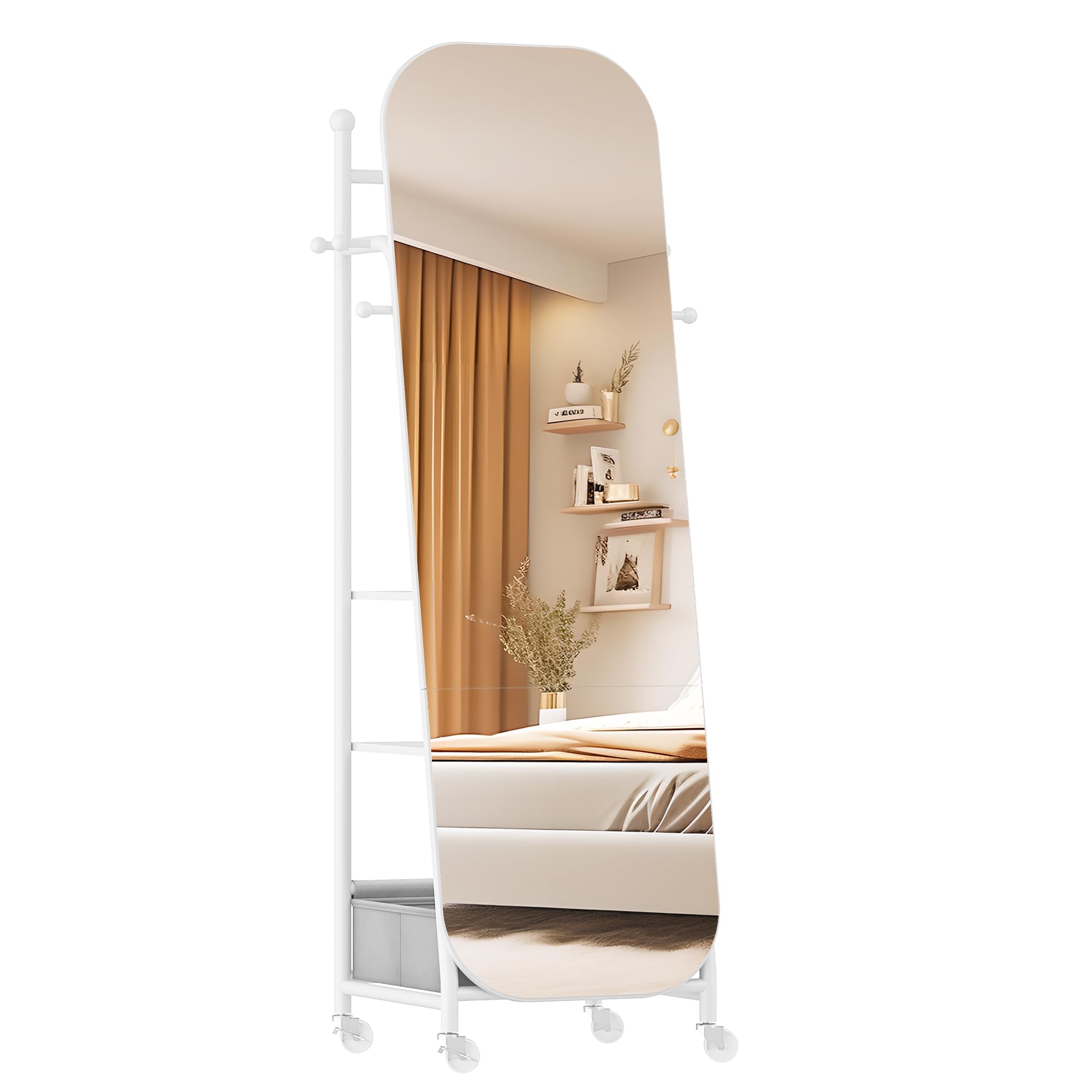 Miroir sur pied avec Porte-Manteau 50x165,8 cm Roues Pivotantes 360° Blanc