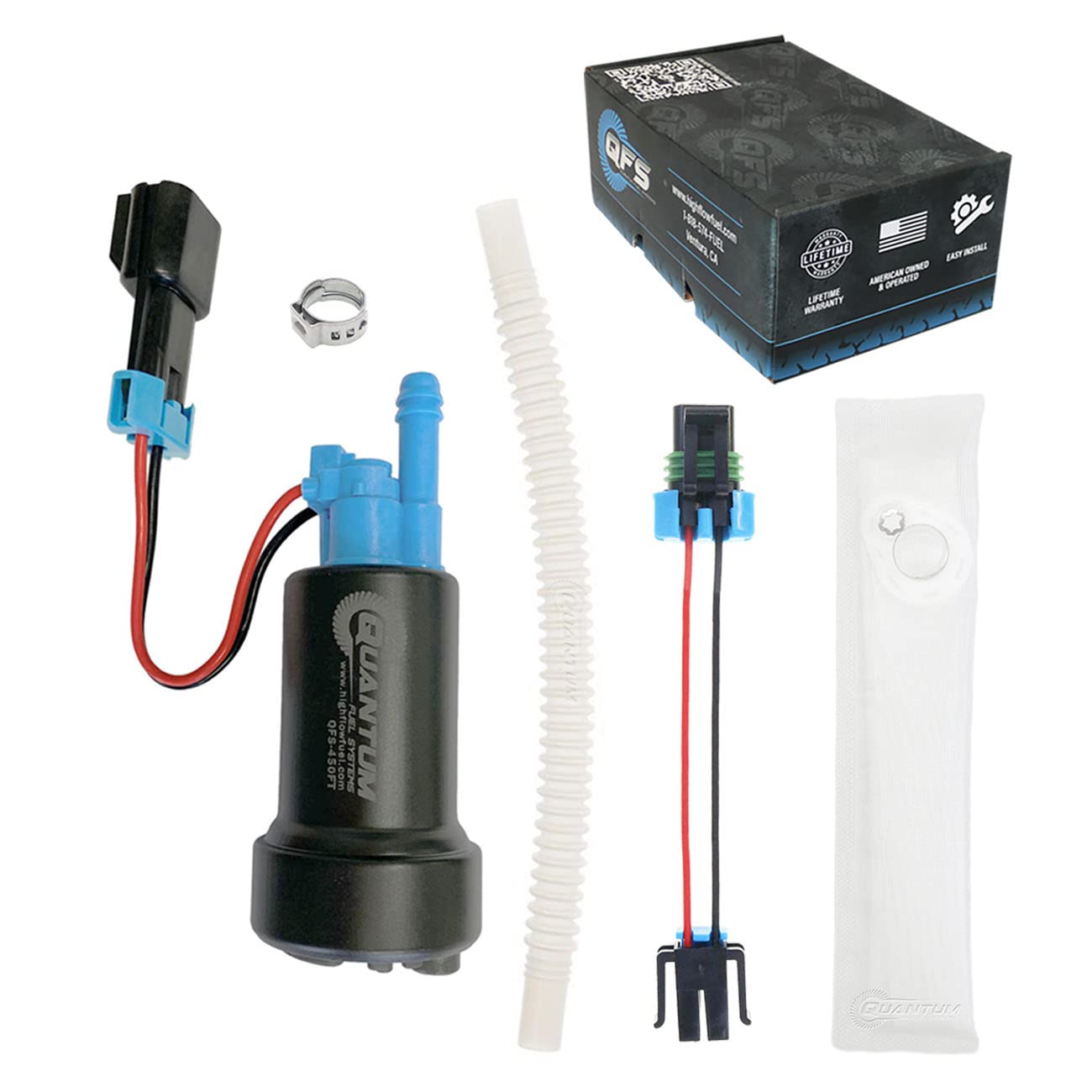 QFS-450FT-GM Quantum 450LPH E85 Compatible In-Tank Fuel Pump w/Install Kit and Flex Hose Replacement for Automotive Applications