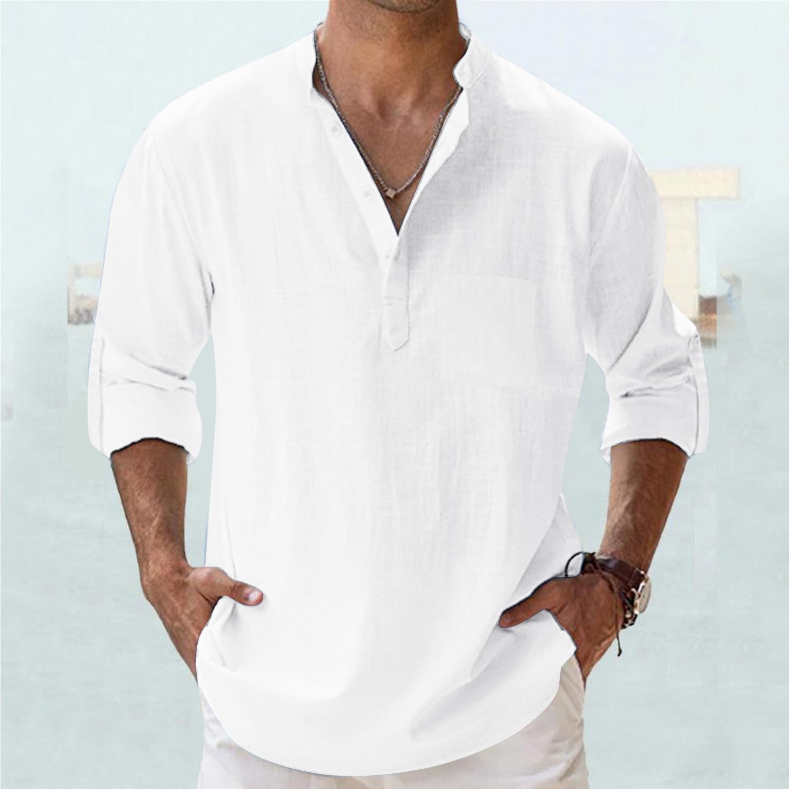 Générique Chemise Homme en Lin à Manches Longues Relevables - Col Mao Décontractée Ample pour Été avec Poche de Poitrine