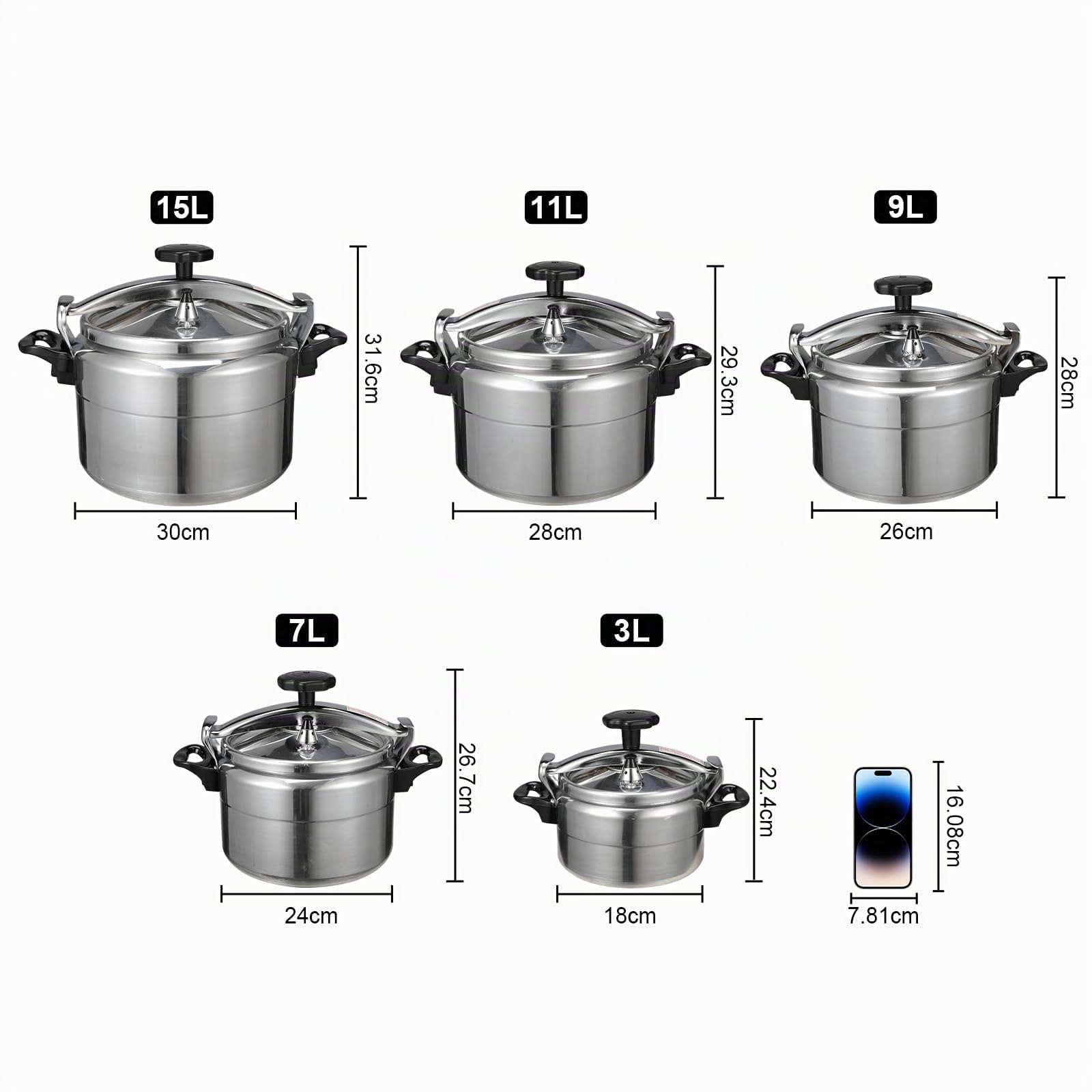 Cocotte Minute 7L/9L/11L/15L, Autocuiseurs Professionnels Aluminium avec Système Couvercle à Verrouillage Sécurisé, Double Poignée, Multicuiseur à Cuisson Convient pour Cuisinière à Gaz (15L)