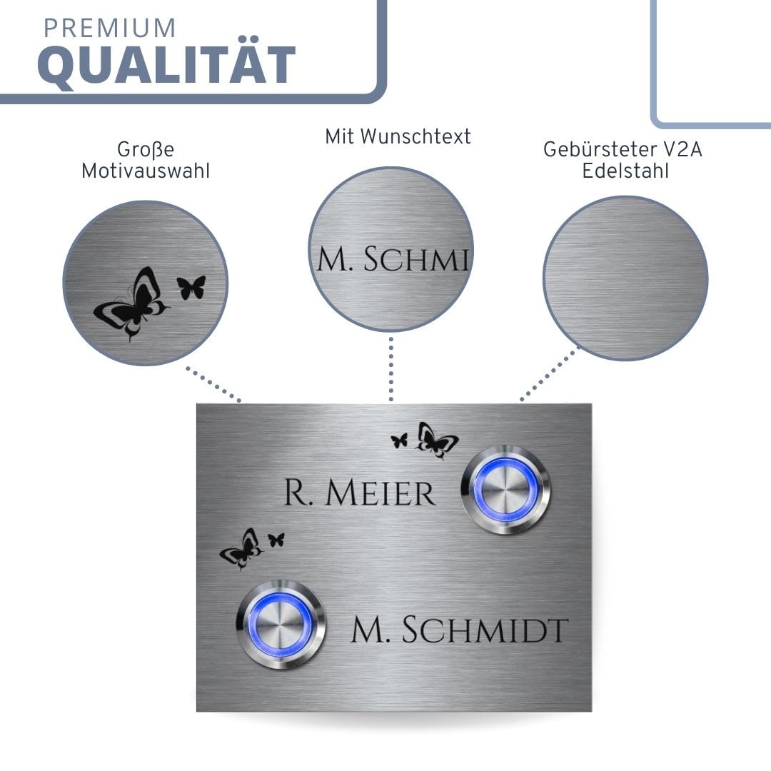 2 Fach Türklingel aus Edelstahl mit Gravur und Namen - Modell Wagner ab 9x7 cm | Klingelplatte mit 2 LED-Klingeltastern | Personalisiert mit Wunschtext und Motiven | Klingel für Mehrfamilienhaus