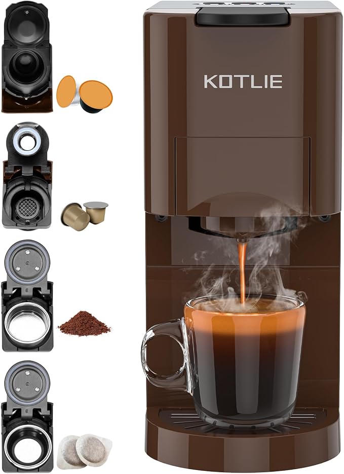 KOTLIE AC-513K 4 en 1 Multifonctionnel Machine à Café à Capsules, pour NES/DG/Café en Poudre/ESE Pod(44mm),19Bar, 0.8L réservoir de stockage d'eau(Brun)