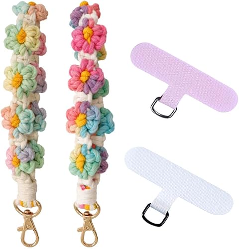 VIOKKO Correa de muñeca de macramé bohemio para teléfono, cordón para teléfono celular con lengüeta de sujeción, pulsera con soporte para correa