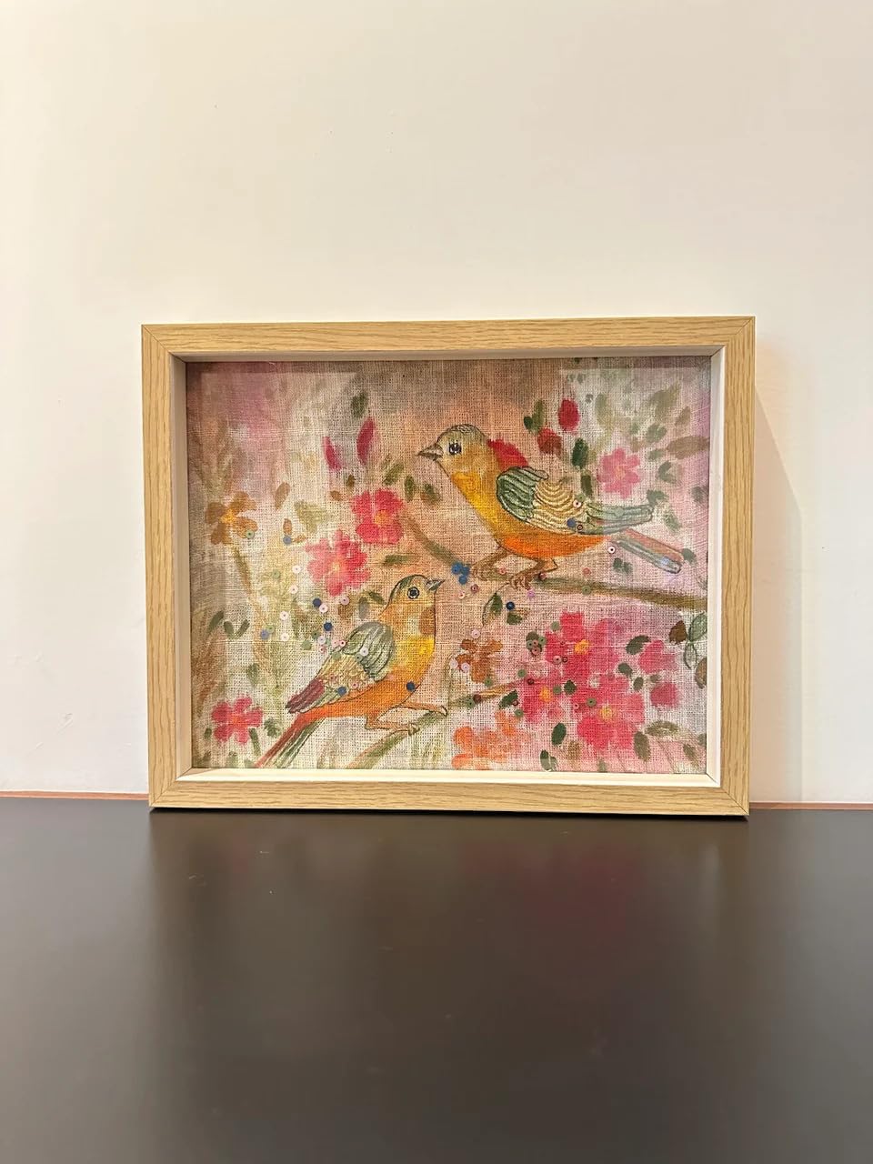 Vibrant Watercolor Painting of Two Birds Amidst Colorful Flowers – Framed Bird Art for Home Décor-image-31