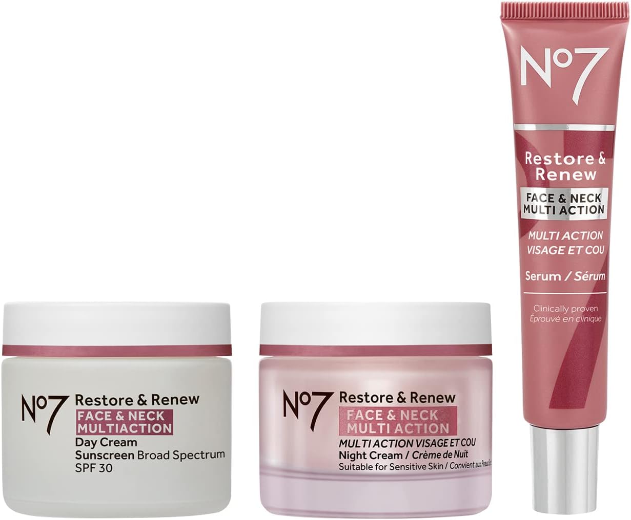 No7 Restore & Renew Face & Neck Multi Action Skincare System - SPF 30 Day Cream with Vitamin C & Collagen Peptides + anti-Aging Facial Serum + Hyaluronic Acid Hydrating Night Cream (3 Piece Kit)