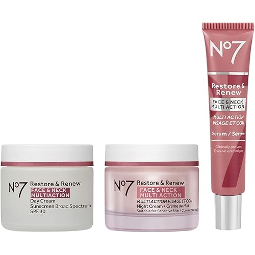 No7 Restore & Renew Face & Neck Multi Action Skincare System - SPF 30 Day Cream with Vitamin C & Collagen Peptides + anti-Aging Facial Serum + Hyaluronic Acid Hydrating Night Cream (3 Piece Kit)