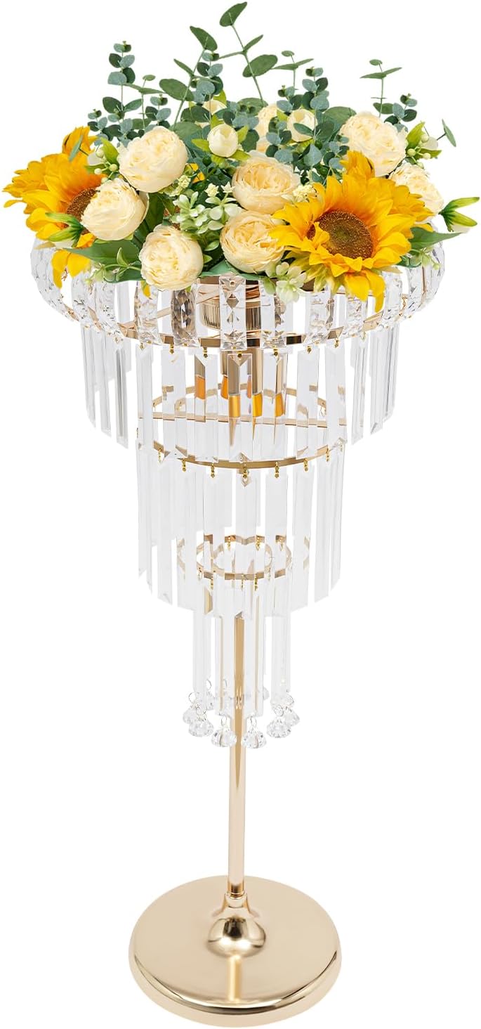 4-Tier Wedding Gold Vase, 32 in Centerpieces Crystal Flower Stand with LED Light and Hanging Crystals, Beautiful Round Chandelier Pedestal Stand for Wedding Reception Birthday Party Decor