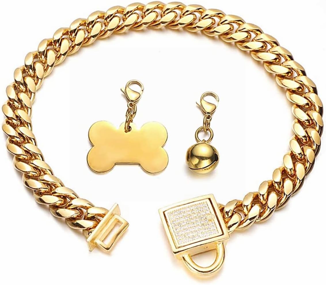 AiyidiGold Cuban Chain Dog Collar with Bling Cubic Zirconia Secure Buckle, Golden Dog tag, Golden Bell, Stainless Steel Chain Dog Collars for Walking Training, Width 10mm,Length 10- 26inch (18inch)