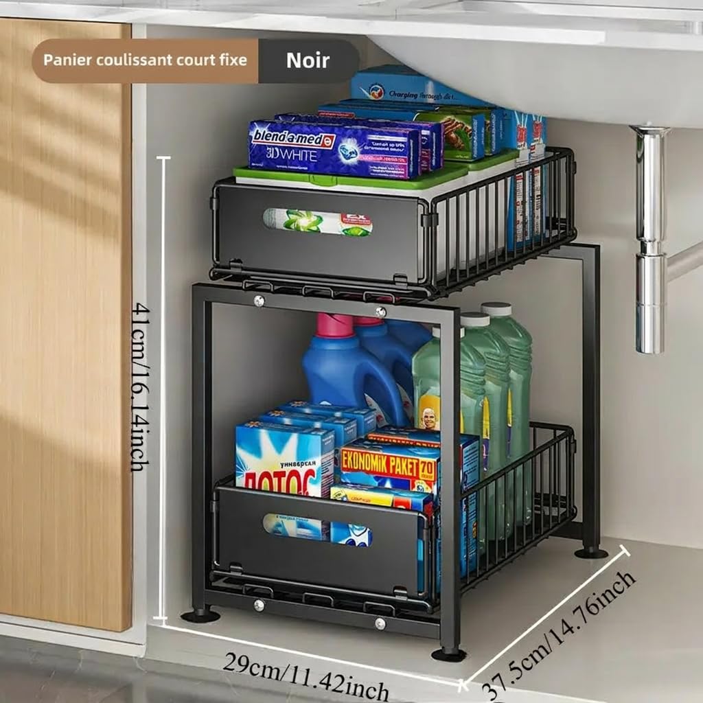 Rangement sous Évier Cuisine, Rangement Cuisine Métal 2 Niveaux avec Tiroirs Coulissants, Organisateur Placard Cuisine et Salle de Bain, Étagère Gain de Place pour Plan de Travail (Une pièce)