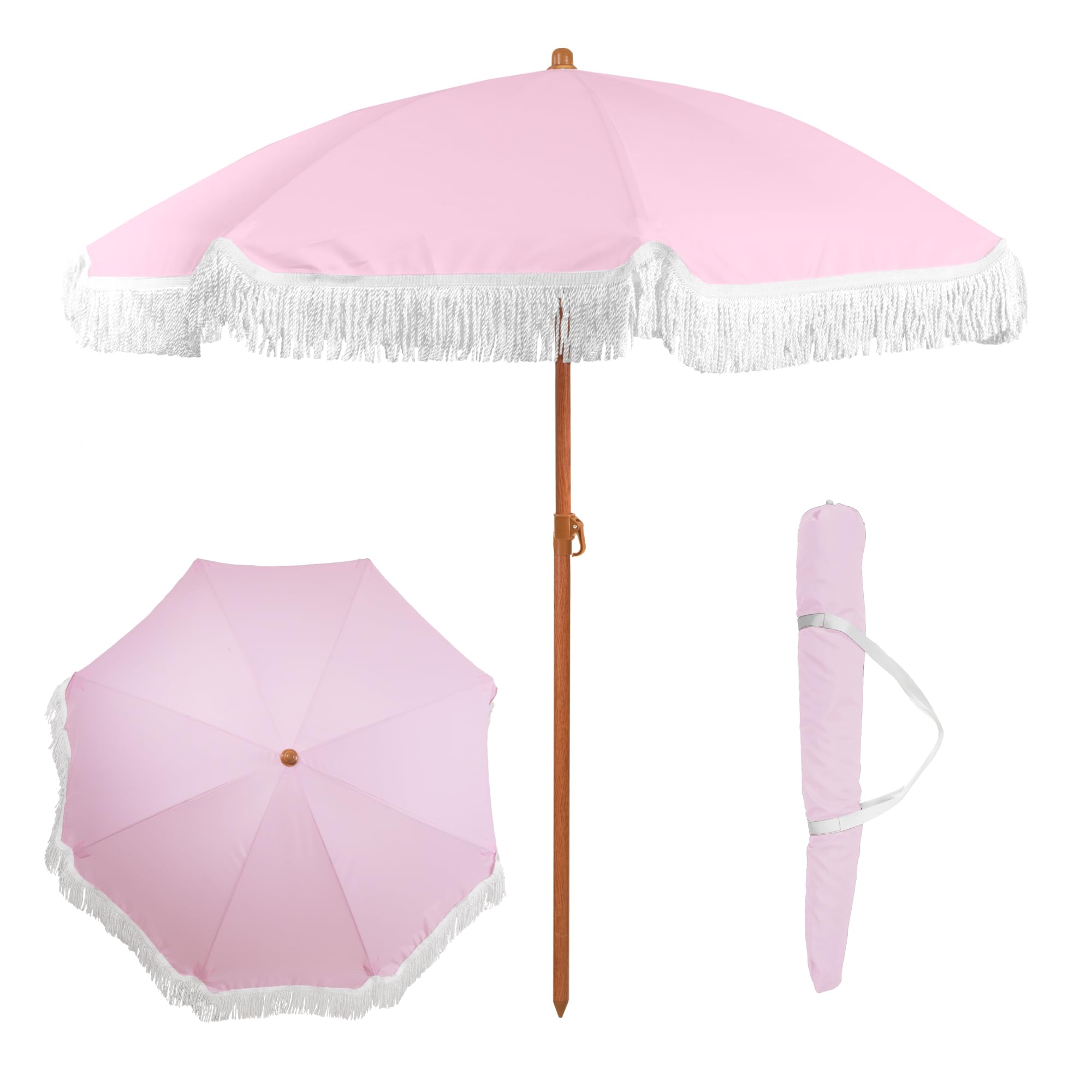 Punchau 6 Ft Fringe Patio Umbrella - Pink Outdoor Umbrella for Patio, Pool, Table, Garden, Deck, and Beach - Push Button Tilt Pole - Fashionable Boho Vintage Tassels and Wood Print, Pink, Pink