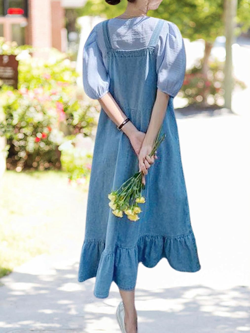 chouyatou Women's Y2K Cute Ruffle Denim Overall Jean Dress Distressed Flared Maxi long Bib Jumper Dress - Image 6