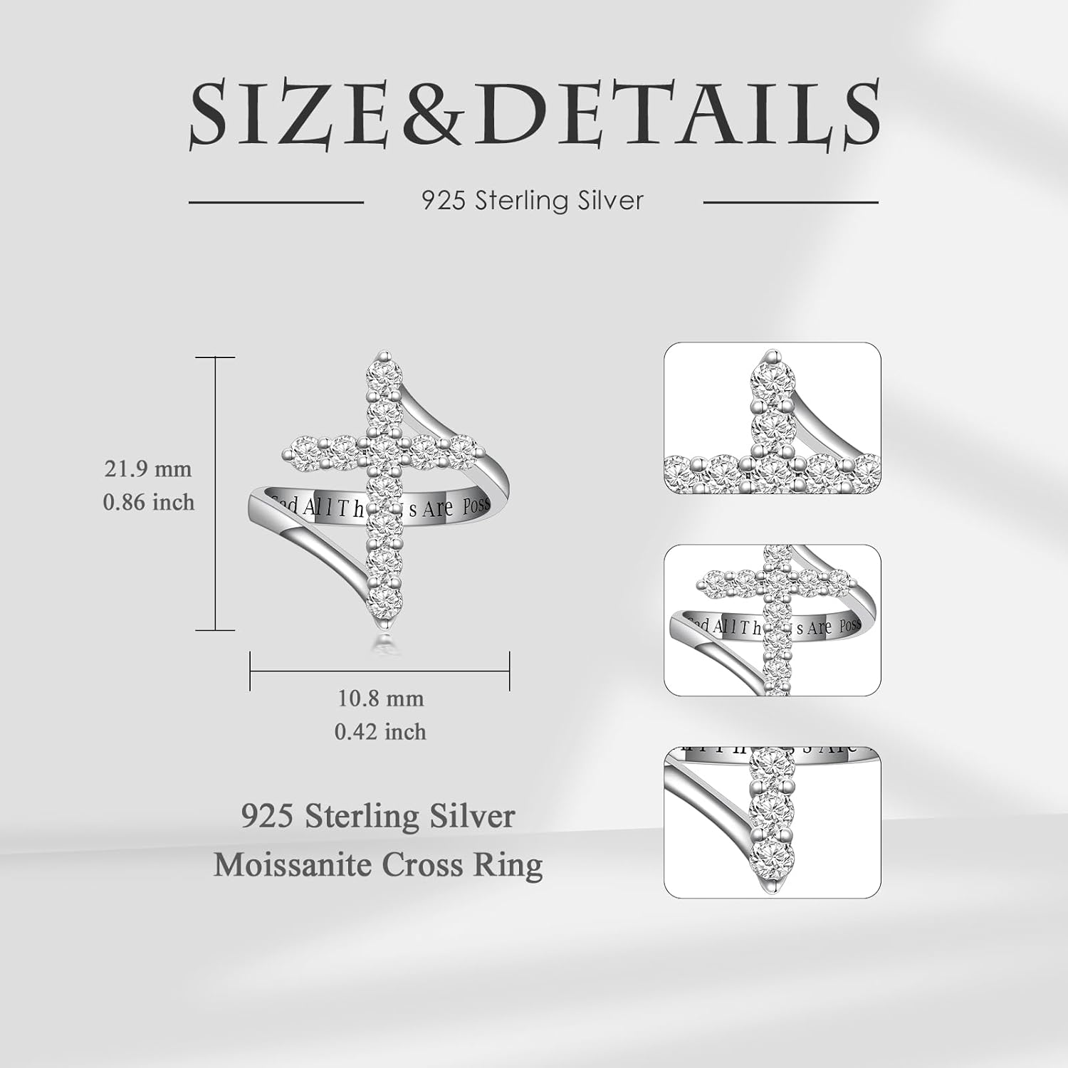 PEIMKO Baptism Gifts Moissanite Cross Ring in 925 Sterling Silver Customizable in Gold Diamond Ring Faith Hope Religious Jewelry With God All Things Are Possible Size 4-18