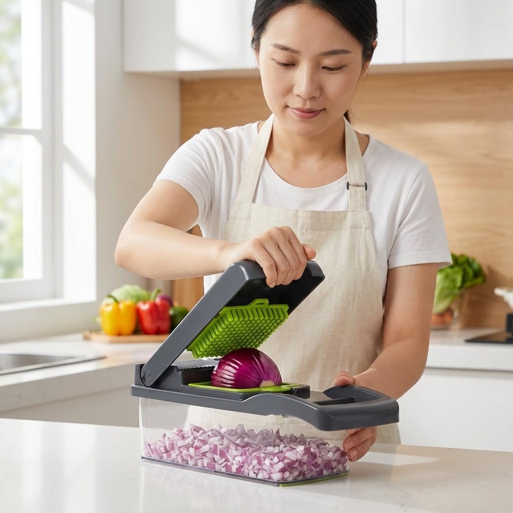 16-in-1 Vegetable Chopper & Mandoline Slicer - Professional Julienne Cutter, Dicer & Grater for Onion, Cucumber, Tomato, Salad, Potato & Cheese - Essential Kitchen Gadgets (Gray)