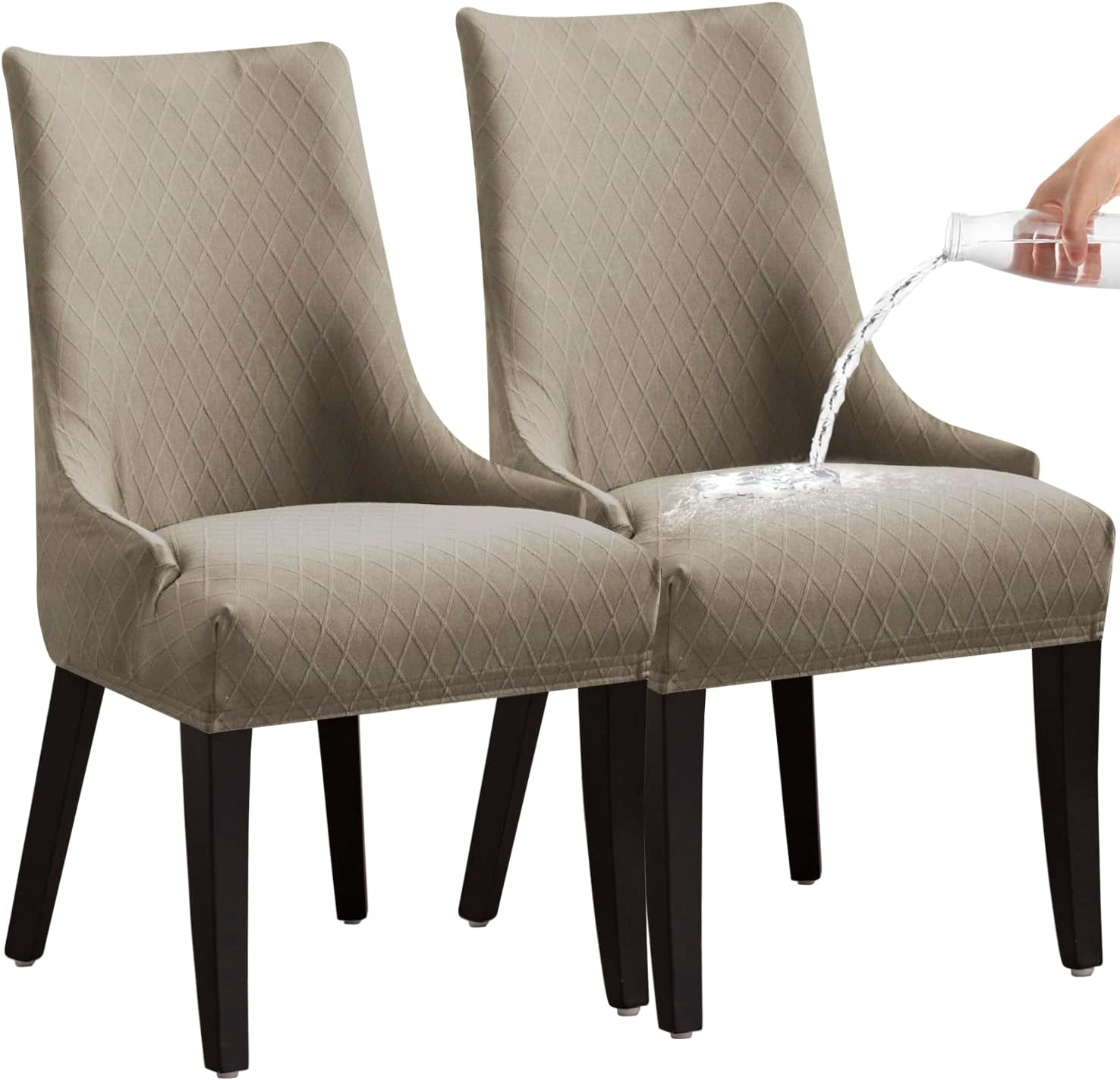 LANSHENG Stretch Rhombic Geometric Wingback Chair Covers Slipcover - Reusable Arm Chair Protector Cover, Washable Dining Chair Covers Protectors for Dining Room (Taupe, Set of 2)