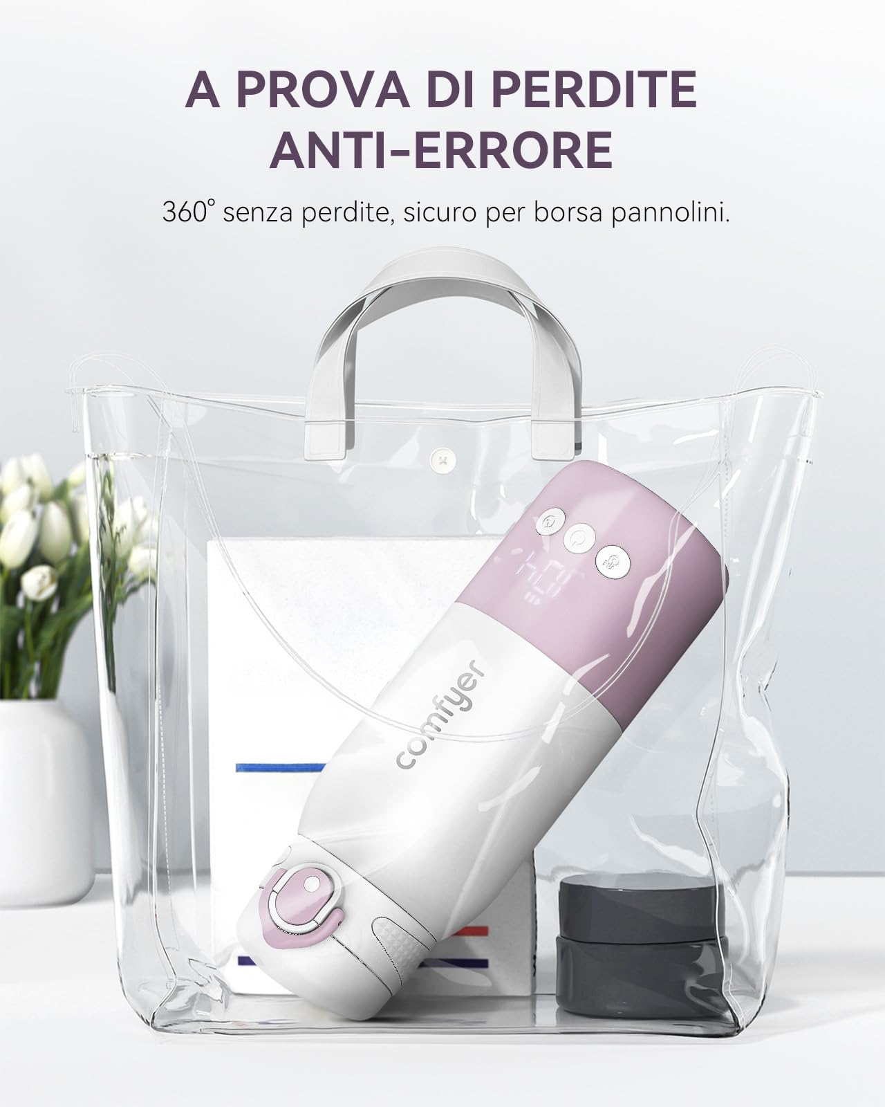 comfyer Scaldabiberon Portatile, Riscaldamento Rapido e Lunga Durata della Batteria, 2 Modalità per Latte Materno e Acqua, Grande Capacità di 340ml per Tutto il Giorno