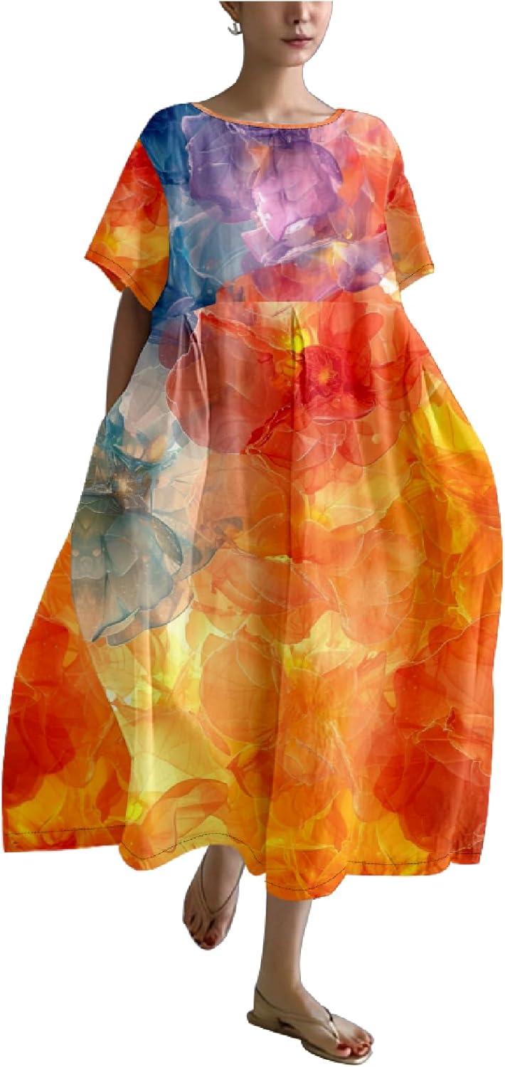 Summer Dresses for Women 2024 Maxi Oversized Fashion Crew Neck Short Sleeve Ladies Dresses Ruffle Hem Sundress