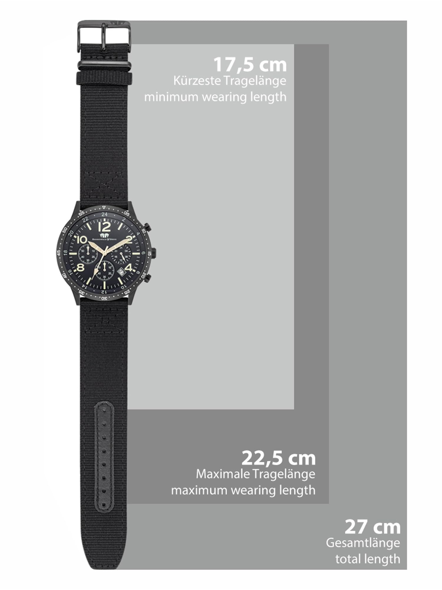 Rhodenwald & Söhne Herren Uhr Edelstahl schwarz Quarzwerk 5 ATM | Nylon Armband, schwarz, keine Prägung, Chronograph, Zifferblatt schwarz, Mineralglas, Armbanduhr