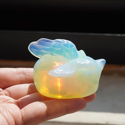 Miniatura 3 de OwMell Estatua de gato durmiente de ópalo natural, piedra curativa tallada a mano, pequeño ángel conmemorativo, gato, lindo gatito con alas, figura