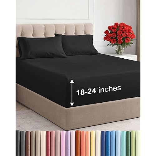 Extra Deep Pocket Queen Sheet Set - 4 Piece Breathable & Cooling Bed Sheets - Hotel Luxury Sheet Set - Ultra Soft, Wrinkle Free & Comfy - Easily Fits Extra Deep Mattresses - Deep Pocket Black Sheets