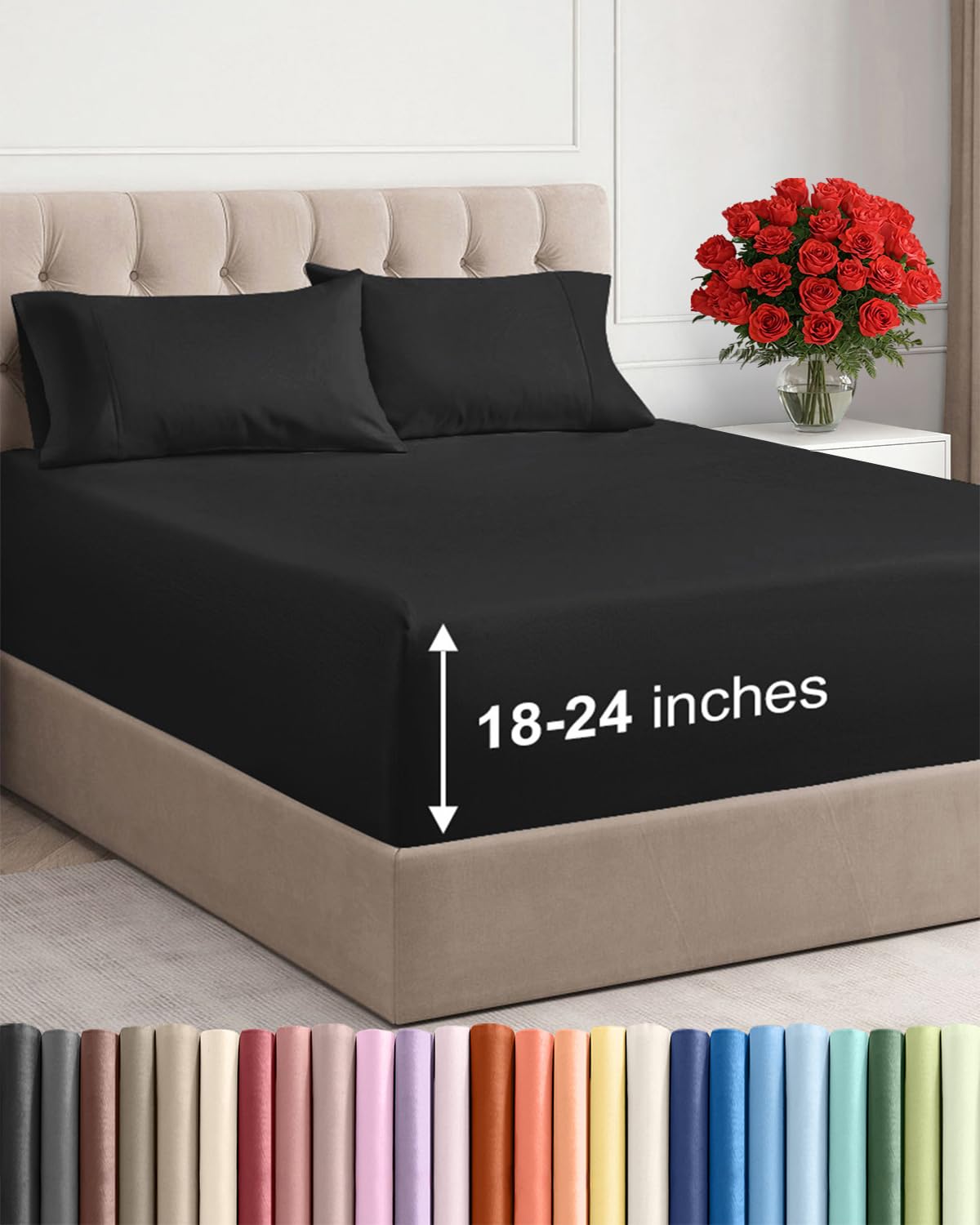 Product photo of extra deep cal king sheet set - 4 piece breathable & cooling bed sheets - easily fits 18 to 24 inch mattress - ultra soft, wrinkle & fade free with extra deep pockets - hotel luxury bedding - black in New/Like New condition