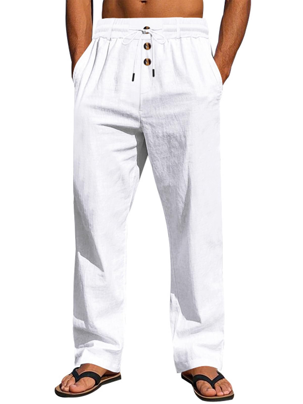 Pantalones de lino para hombre, ligeros, con cordón elástico, bolsillos en la cintura, ajuste holgado, pierna recta, verano, playa, yoga