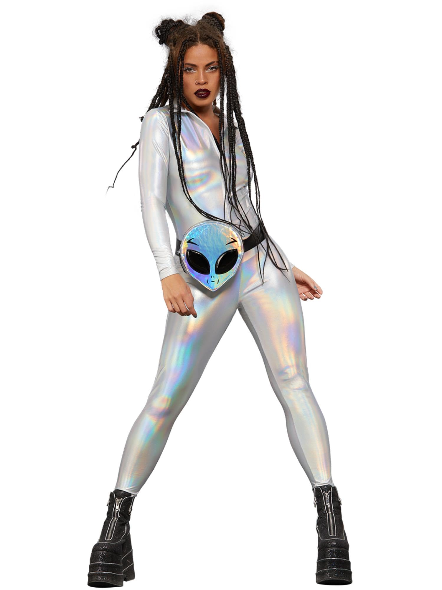 Smiffys Fever Miss Whiplash Mirror Holographic Costume with Zip Up Catsuit, Fever Fancy Dress, Fever Dress Up Costumes