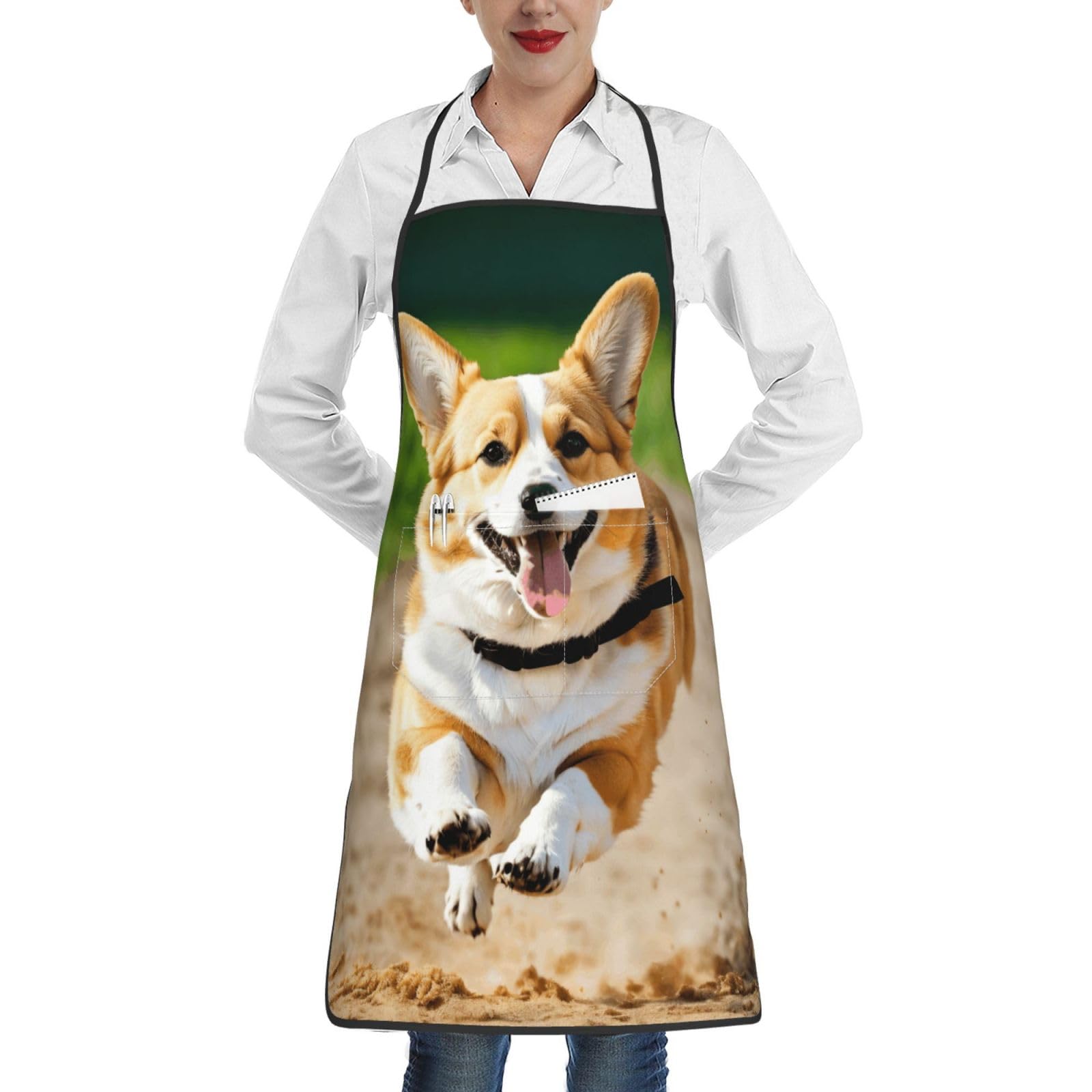 Edwal Unisex White Cute Corgi Print Kitchen Aprons, Apron For Cooking With Pocket, Chef Aprons For Men Women