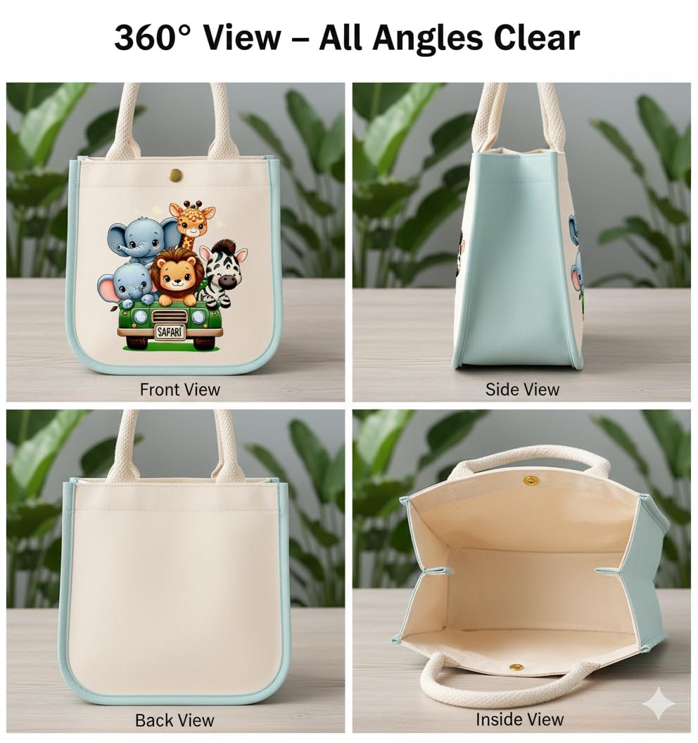 HOBBY INDIA Kids Lunch Bag | Cute & Stylish Mini Tiffin Bag for Boys & Girls | Cute Cotton Cartoon Design I Perfect For Picnic Tuition School, Preschool & Playschool (Jungle Safari) 4