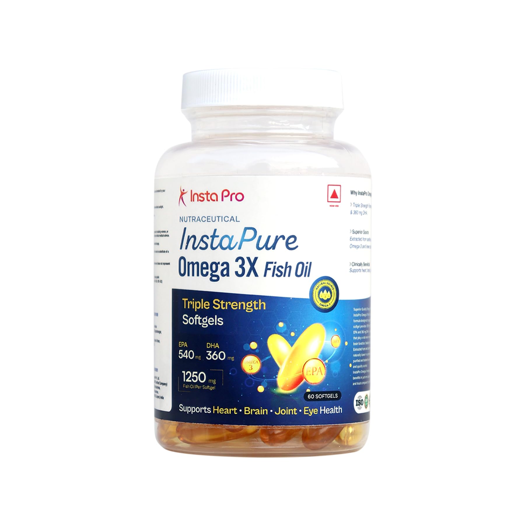 InstaPure Omega 3X Triple Strength Fish Oil | 1250mg with 540mg EPA & 360mg DHA | Clinically Recommended for Diabetic Heart & Nerve Health | 60 Softgels