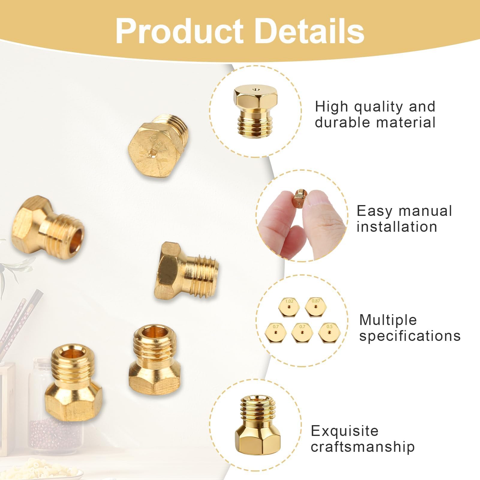 EuAcesry 5 ugelli universali a gas butano, kit di conversione per ugelli di iniezione di gas [1 x 0,5, 2 x 0,7, 1 x 0,87, 1 x 1,02], bruciatore GPL per bruciatori a propano