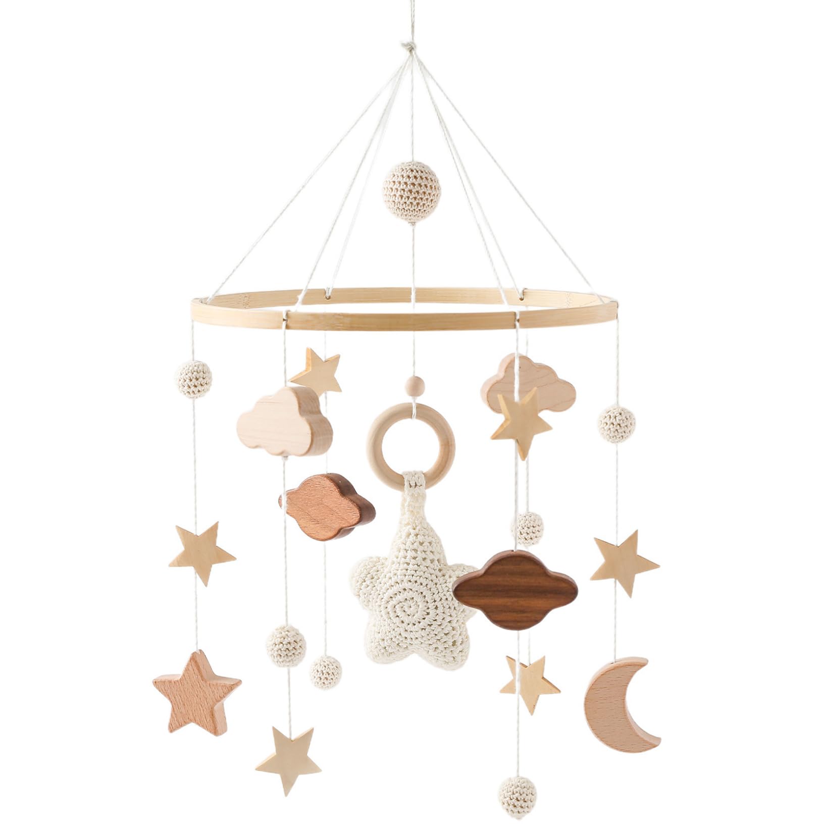 Baby Crib Mobile, Stars Clouds Moon Baby Mobile with Crisp Sound, Hand-Crocheted Wood Nursery Mobiles, Boho Crib Toys Hanging for Boys Girls for