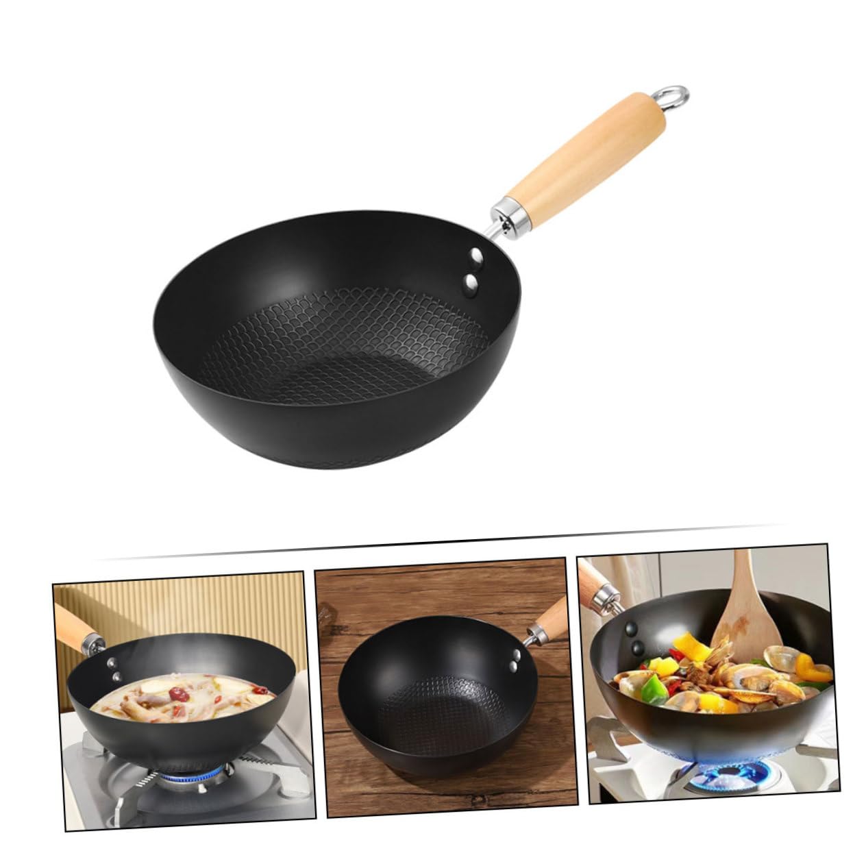 ABOOFAN Wok Mini in Ferro Nero per Piano a Induzione, Manico in Legno
