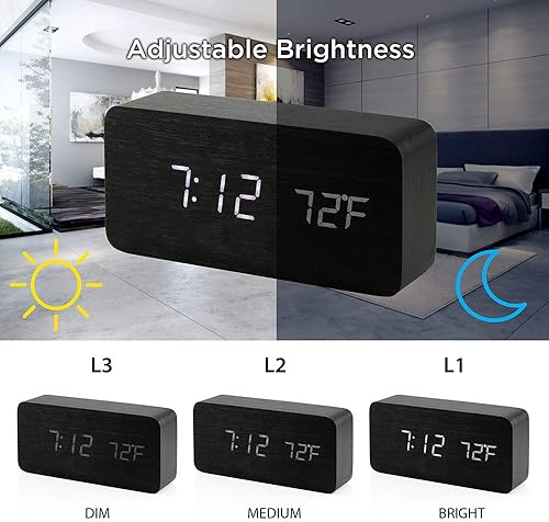 Miniatura 10 de OCT17 Reloj despertador digital de madera, reloj despertador LED multifunción de madera con fuente de alimentación USB, control de voz,