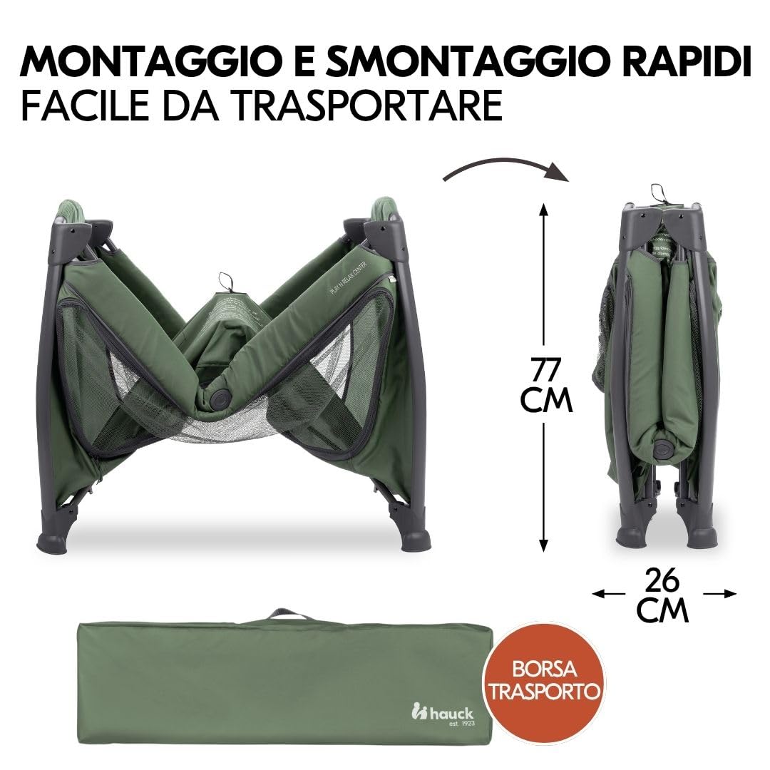 hauck Lettino da Viaggio Play N Relax Center con Materasso e Zanzariera, Lettino Campeggio Neonato con Fasciatoio, Inserto Neonato, Ruote e Borsa Trasporto, Verde Scuro