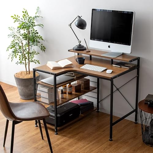 エア・リゾーム パソコンデスク L字 ワークデスク 学習机 勉強机 90cm幅 L字型 おしゃれ 棚付き 収納付き merrily(メラリー) ライトブラウン×ブラック