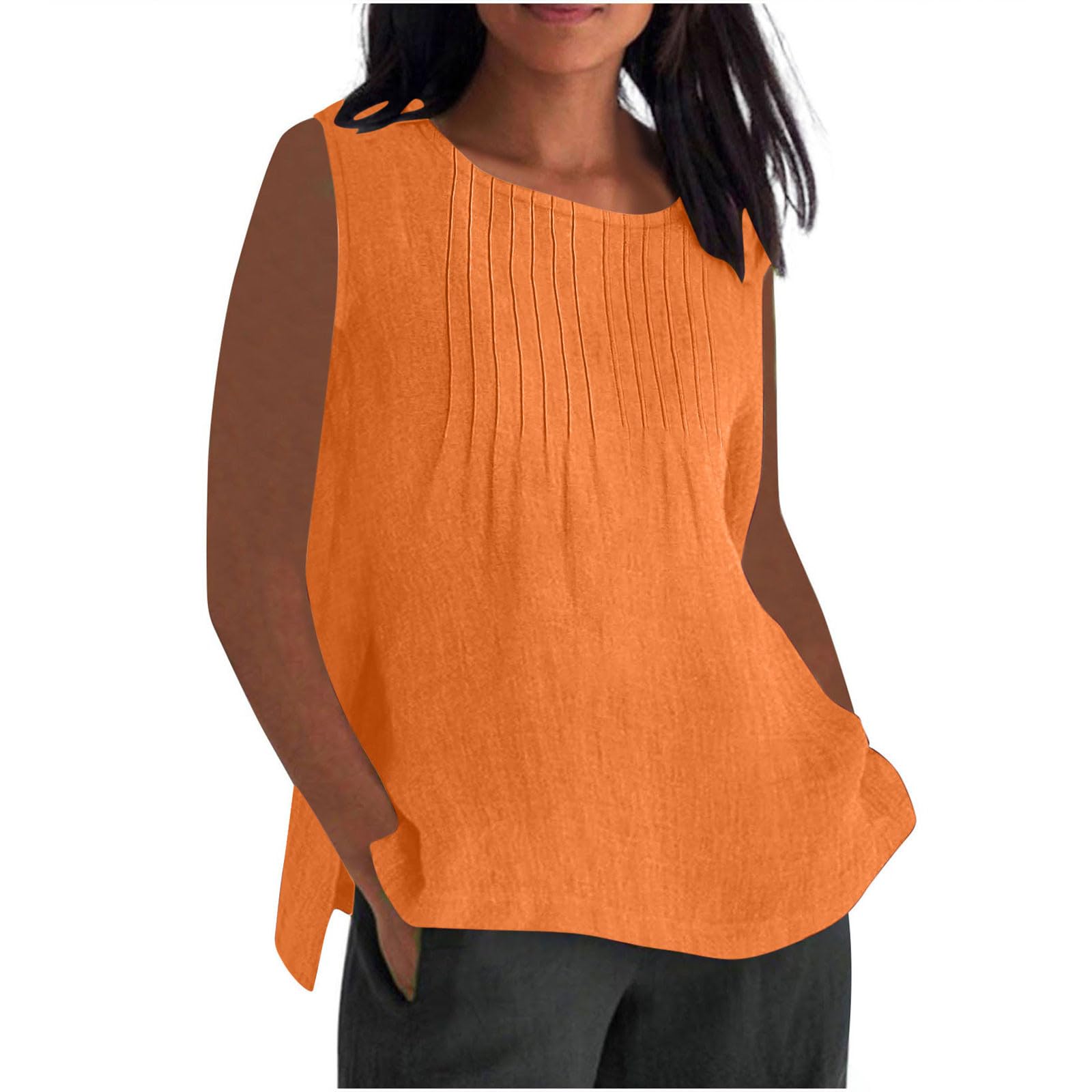RLEHJN Musselin Tank Top Damen,Lang Trägertop Locker T-Shirt Lässige Baumwoll Leinen Tanktops Sommer Plissierte Ärmelloses Tunika Leichte Damen T-Shirt Strand Vest Blusentop Übergröße S-5XL