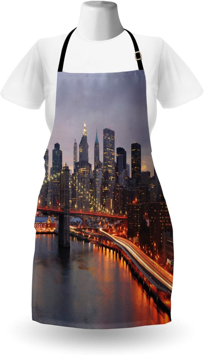 Lunarable Cities of States Apron, Manhattan Island with Brooklyn Bridge in The Evening Business District, Unisex Kitchen Bib Apron with Adjustable Neck for Cooking Baking Gardening, Grey