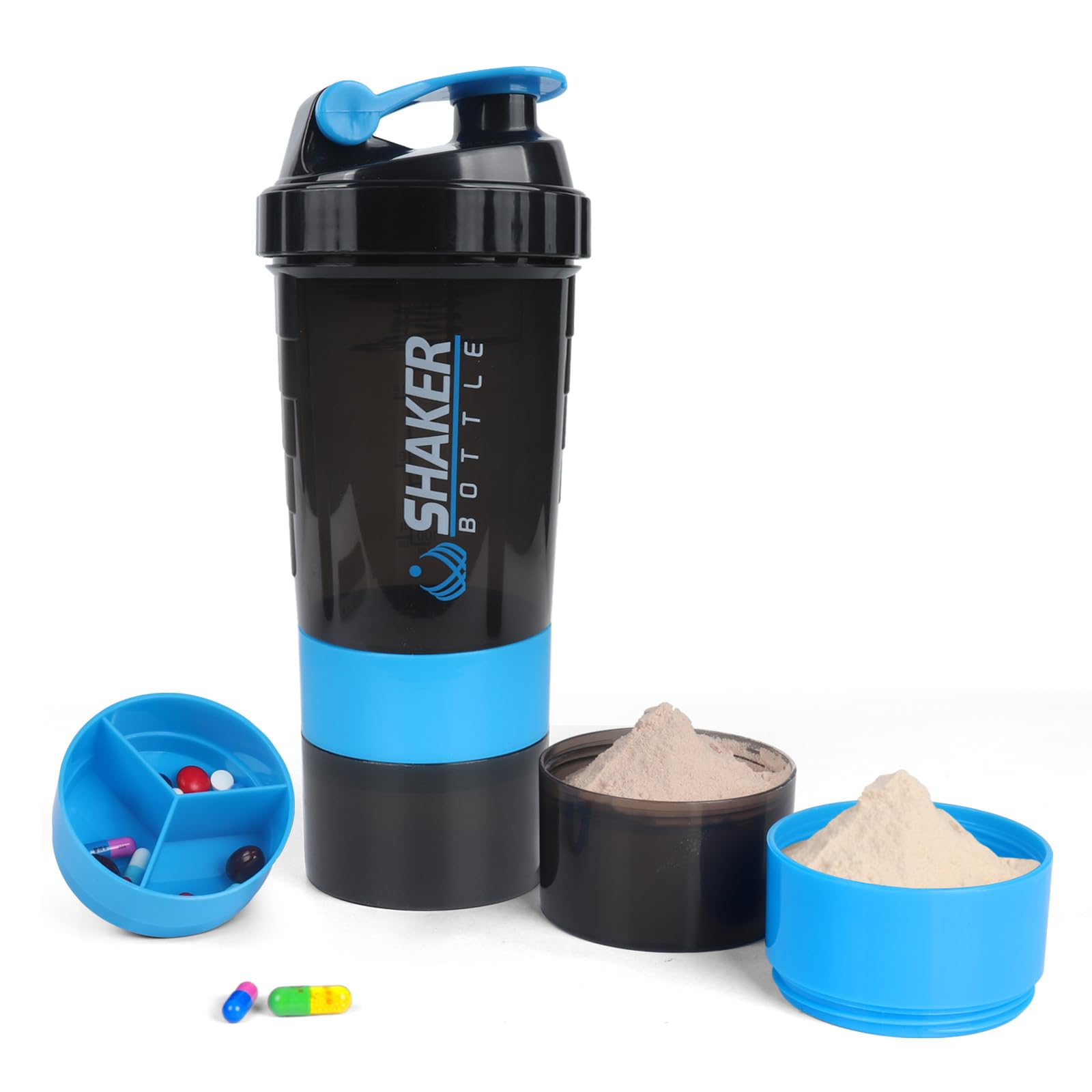 VECH Protein Shaker Bottle,GYM Shaker Cup for Protein Shakes, 16oz Shake Bottle with Ball and Storage Compartment,Leak-Proof,BPA Free (Blue)