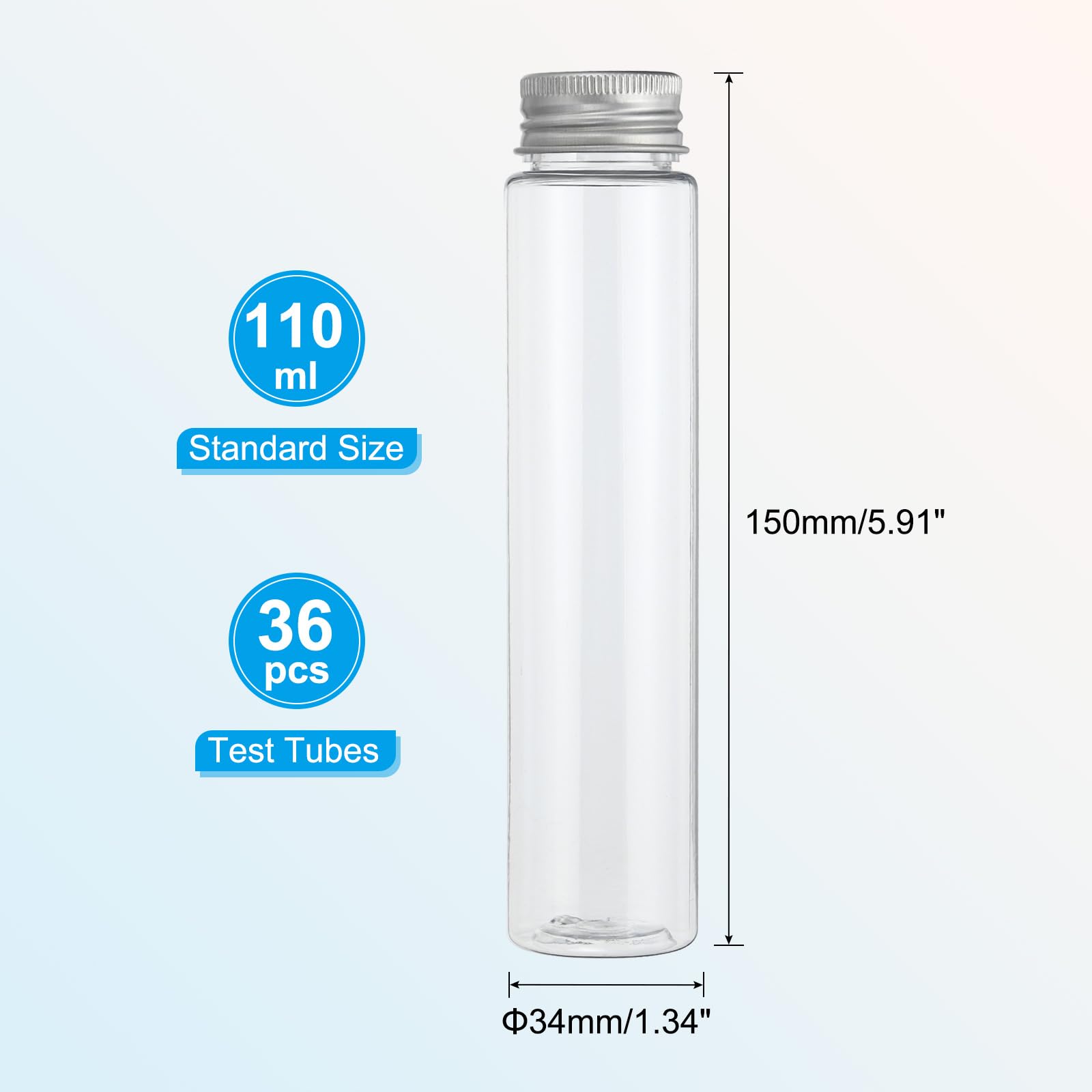 PATIKIL Tubos de Ensayo de 110 ml, 36 Unidades de 5.91x1.34" de Plástico Transparente con Fondo Plano y Tapas para Almacenamiento de Cuentas, Dulces, Sales de Baño, Plateado