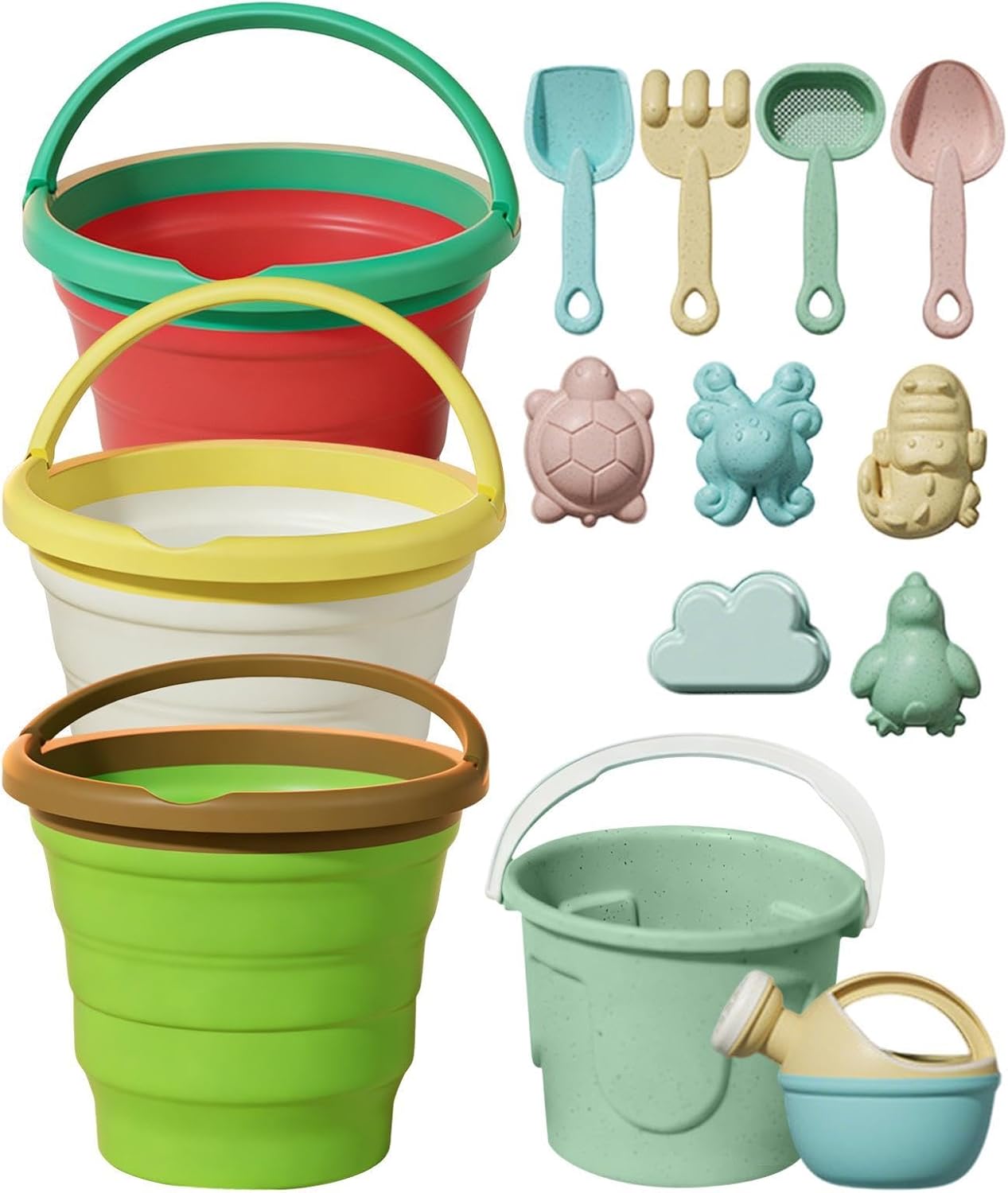 Sand Toys for Beach - Foldable Bucket Set | Colorful Kids Beach Toy Set with Molds, Fun for Ages 3+, Yard, Travel, Vacation, Sandbox, Outdoor Play, Easy to Carry