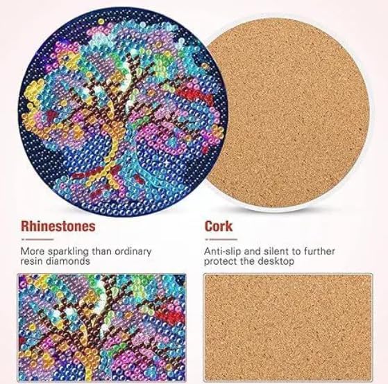 Syntego 8pcs 5D Diamond Painting Coasters Fantasy Tree of Life Coasters DIY Colourful Diamond Coasters Kit with Holder