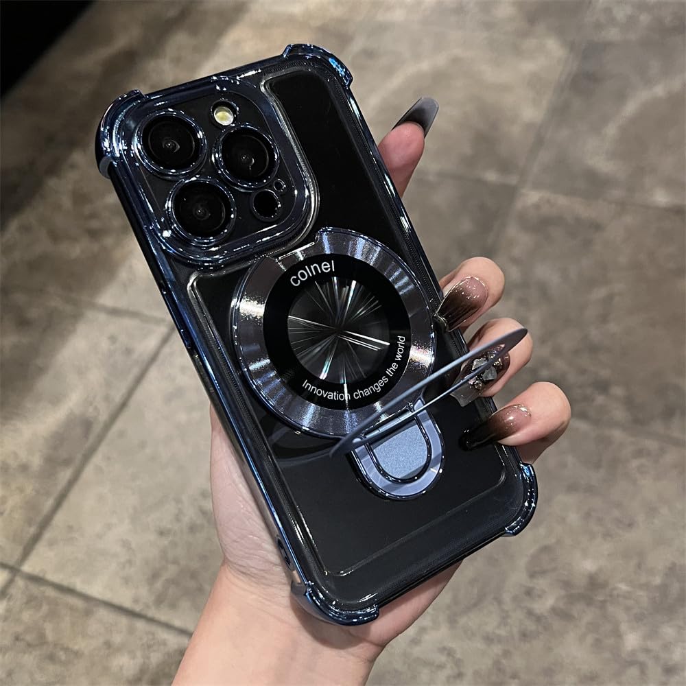 Magnetic Ring Holder Bracket Case For iPhone 11 12 13 14 15 Pro Max 15 14 Plus Plating Transparent Shockproof Cover,Sierra Blue,For iPhone 14