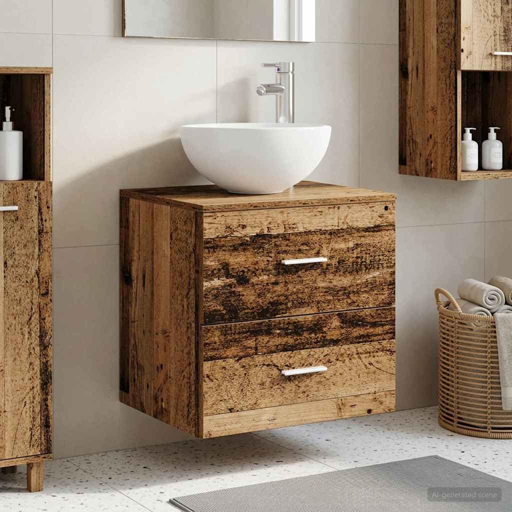 Lavabo da parete in legno anticato, 49,5 x 41 x 64,5 cm, con cassetto e scarico rapido, per mobili da bagno, bagno degli ospiti, bagno e ristrutturazione