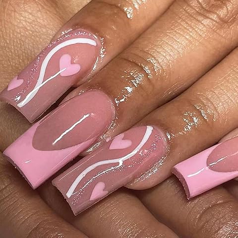 Vatocu Valentine's Day Square False Nails Long Pink Press on Nails French White Lines Hearts Fake Nails Love Glitter Acrylic Stick on Nails for Women and Girls (24pcs) Cover