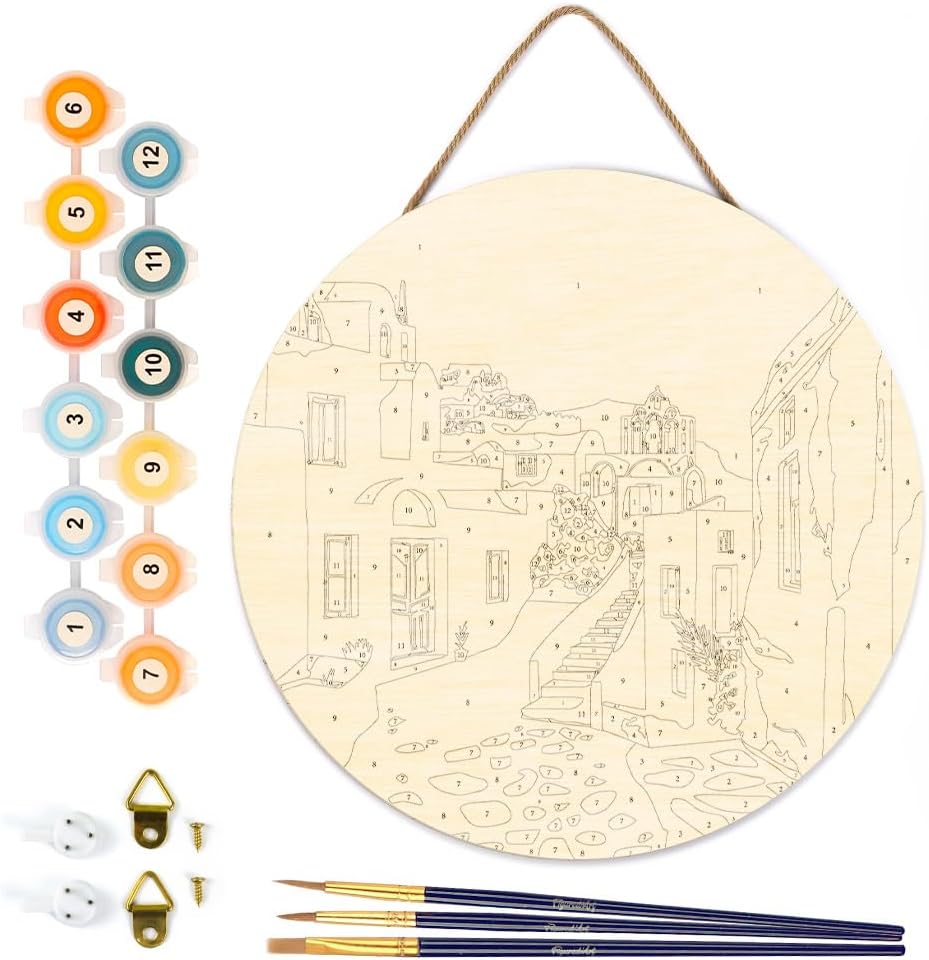 Figured'Art Paint by Numbers Kit for Adults on Wood Slice, 11.8in Diameter - Santorini - Craft Art Painting DIY Canvas