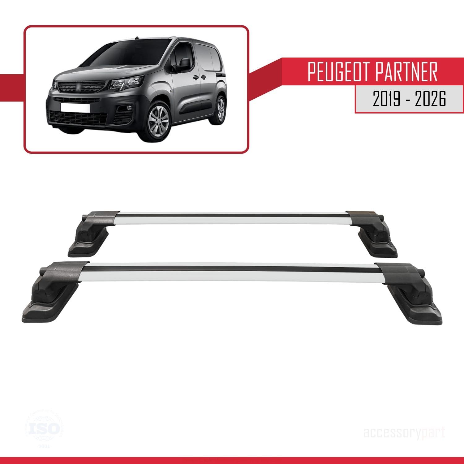 Compatible con Peugeot Partner (K9) 2019-2026 Modelo Ace-3 Barra de Techo Auto Portaequipajes Barras Transversales Gris Aluminio 2 Barras