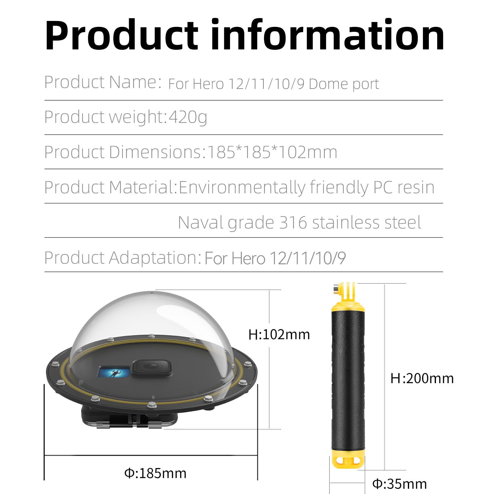 Puerto Dome Accesorio para GoPro Hero 12 Hero 11 Hero 10 Hero 9 Black,Impermeable Domo Carcasa Submarino Puerto Caso Cubierta Lente Cámara Protector con Mango de Bobber Flotante+Gatillo