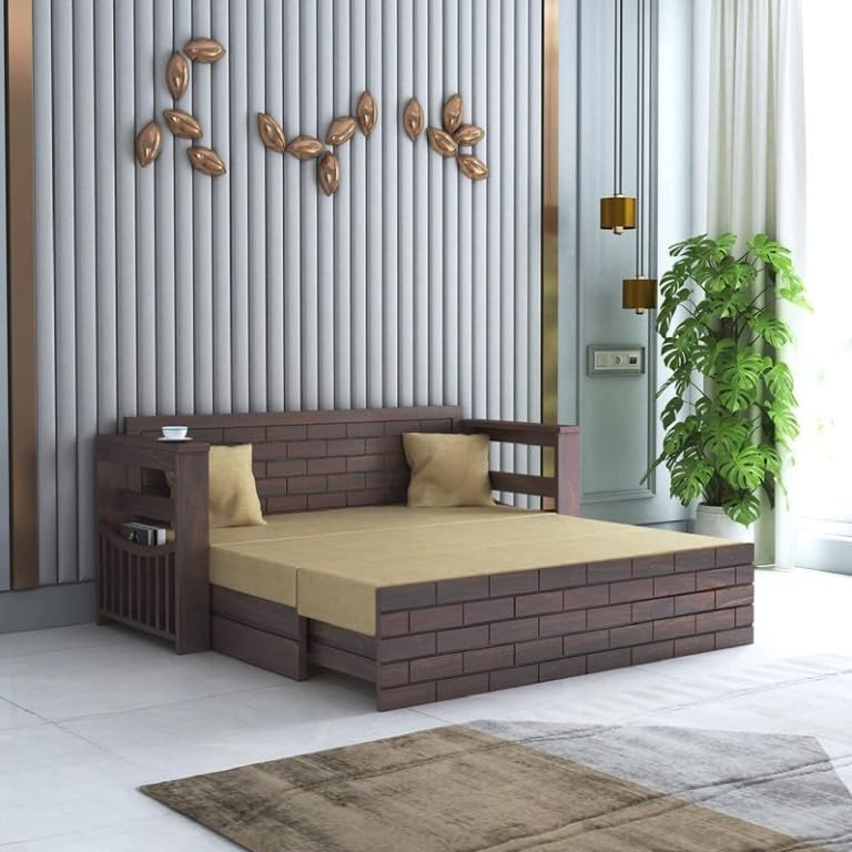 Image of Solid Sheesham Wood Sofa Cum Bed 3 Seater | Wooden Foldable Double Bed for Living Room with Headboard & Storage | Bed Cum Sofa with Mattress for Bedroom Furniture (Walnut Finish)