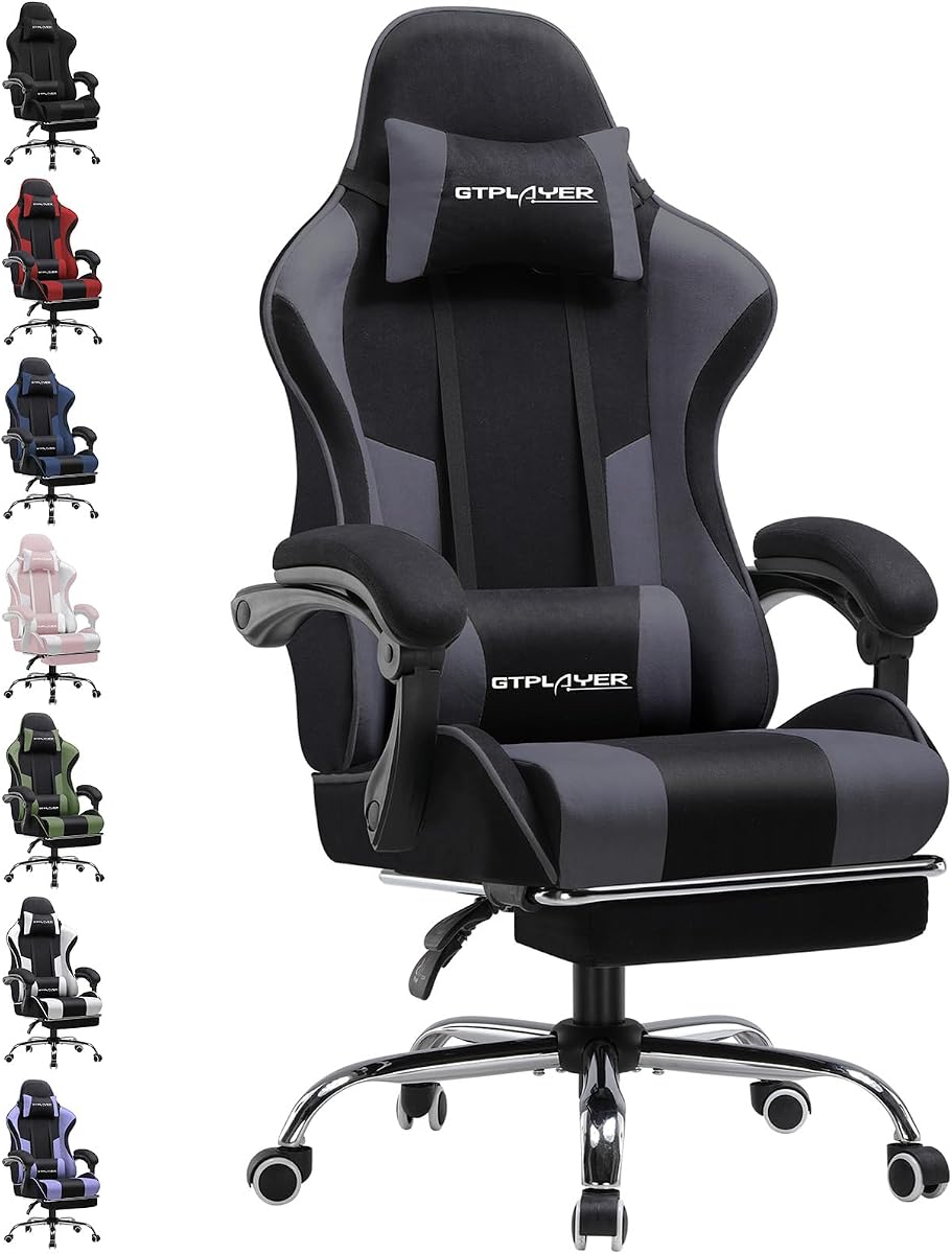 GTPLAYER Fabric Gaming Chair, Office Chair, Massage Gaming Chair, Ergonomic Gamer Chair with Footrest, Padded Gaming Chair, Swivel Chair, 150 kg, Grey